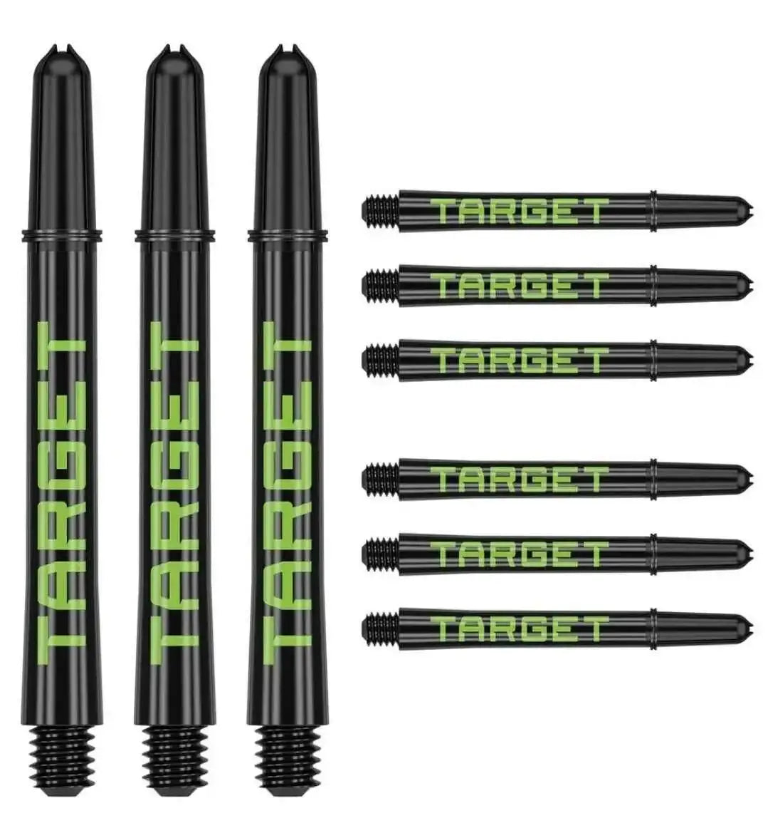 Target Dartpfeile mit grüner Beschriftung, schwarze Pfeilspitzen und Schraubgewinde für Darts