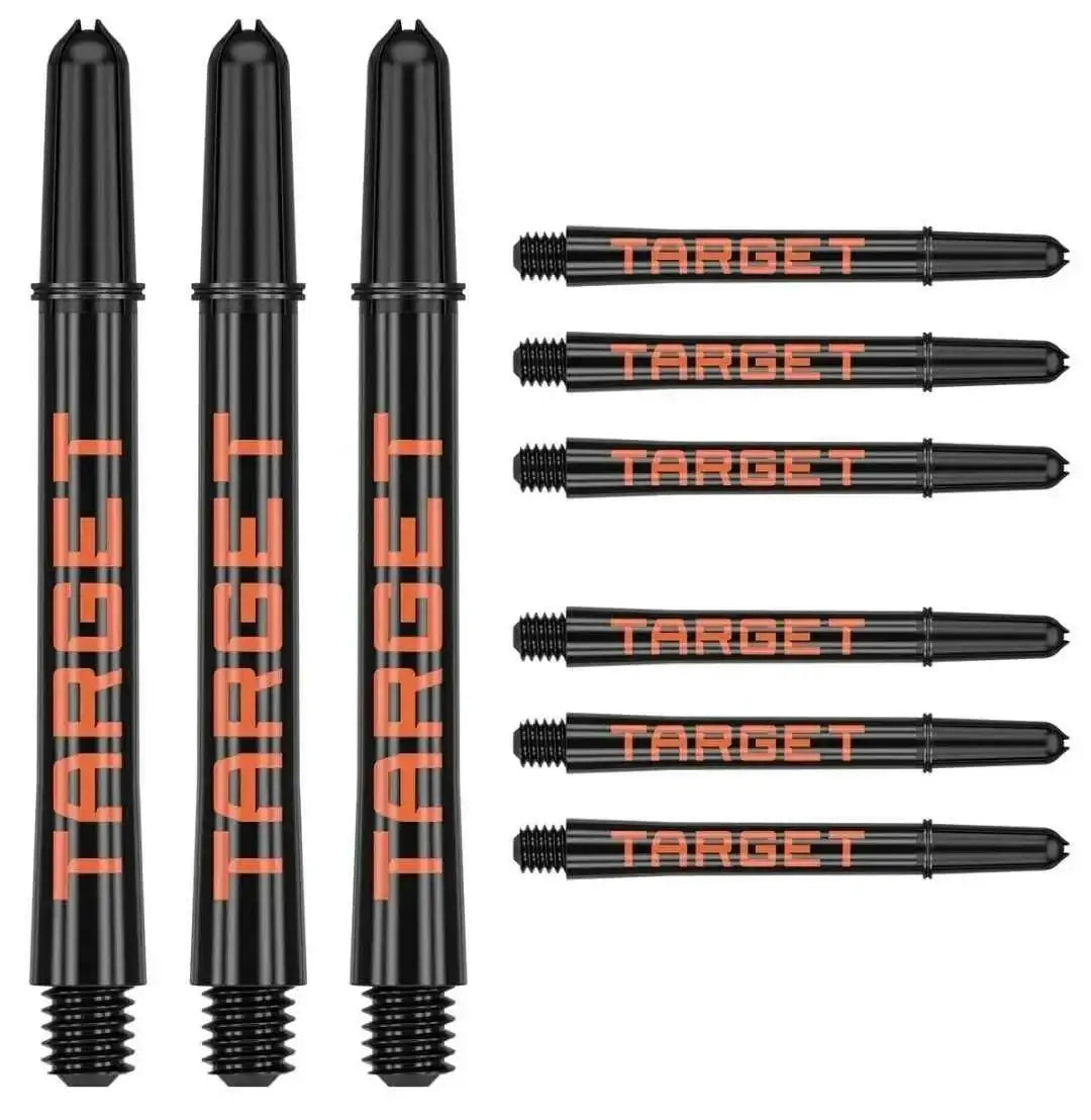 Target Dart-Shafts schwarz mit orangem Logo, ideal für Dartsportler und Dart-Zubehör