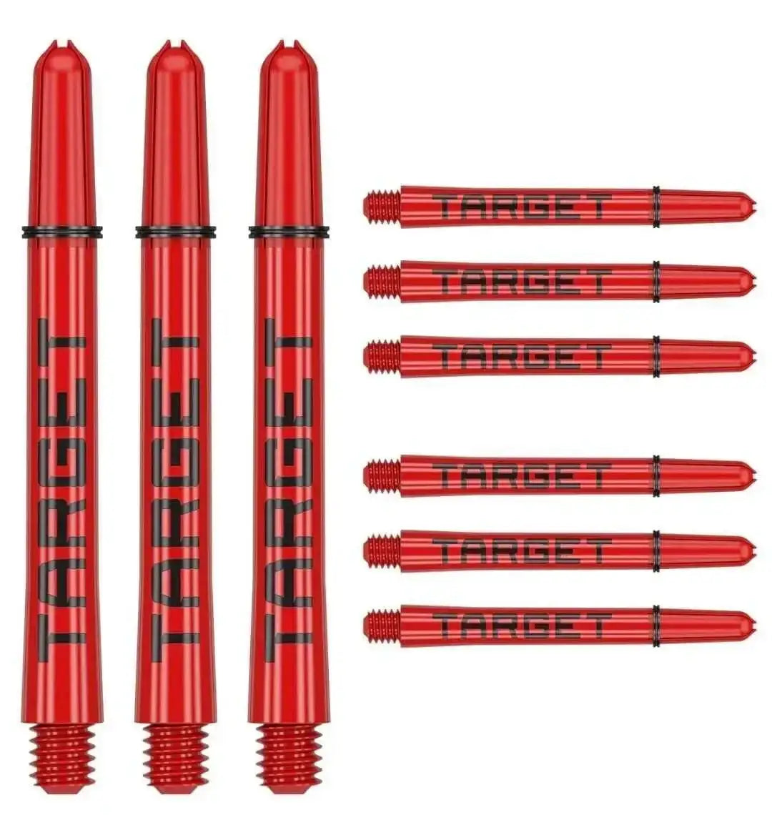 Rote Target Dart Shafts mit schwarzer Beschriftung, ideal für Dartsportler und Dart-Zubehör