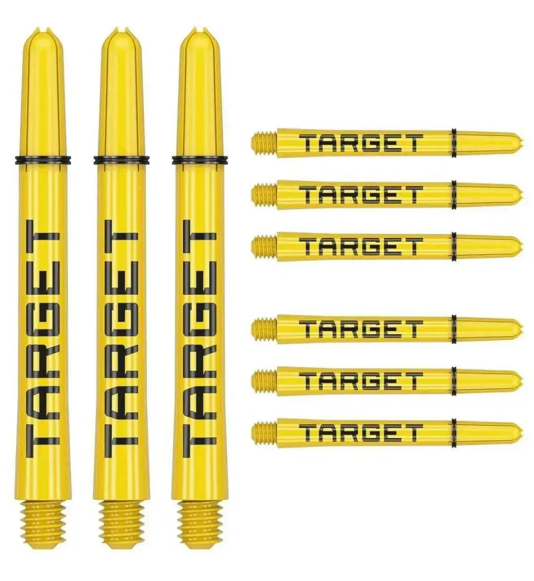 Gelbe Target Dartpfeile mit schwarzer Beschriftung, ideal für Dart-Spieler und Dartszubehör