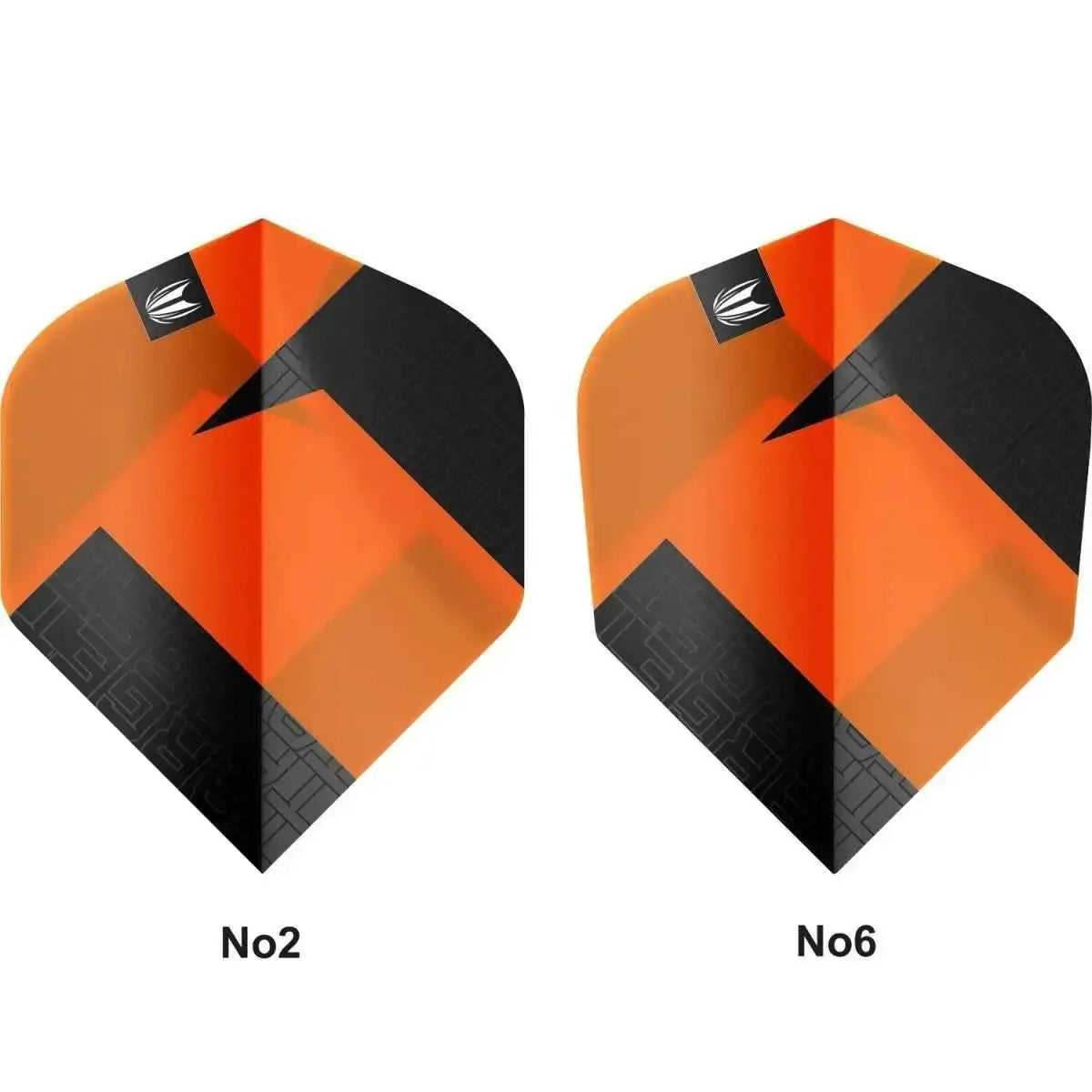 Orange-schwarze Dartflights No2 und No6 mit geometrischem Muster, ideal für Dartsportler