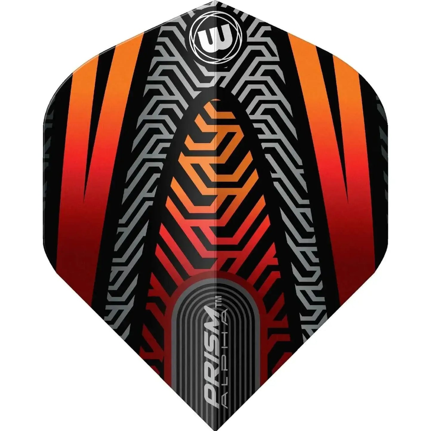 Winmau Prism Alpha Dartflügel mit orangefarbenem Design und geometrischem Muster für präzises Dartspielen
