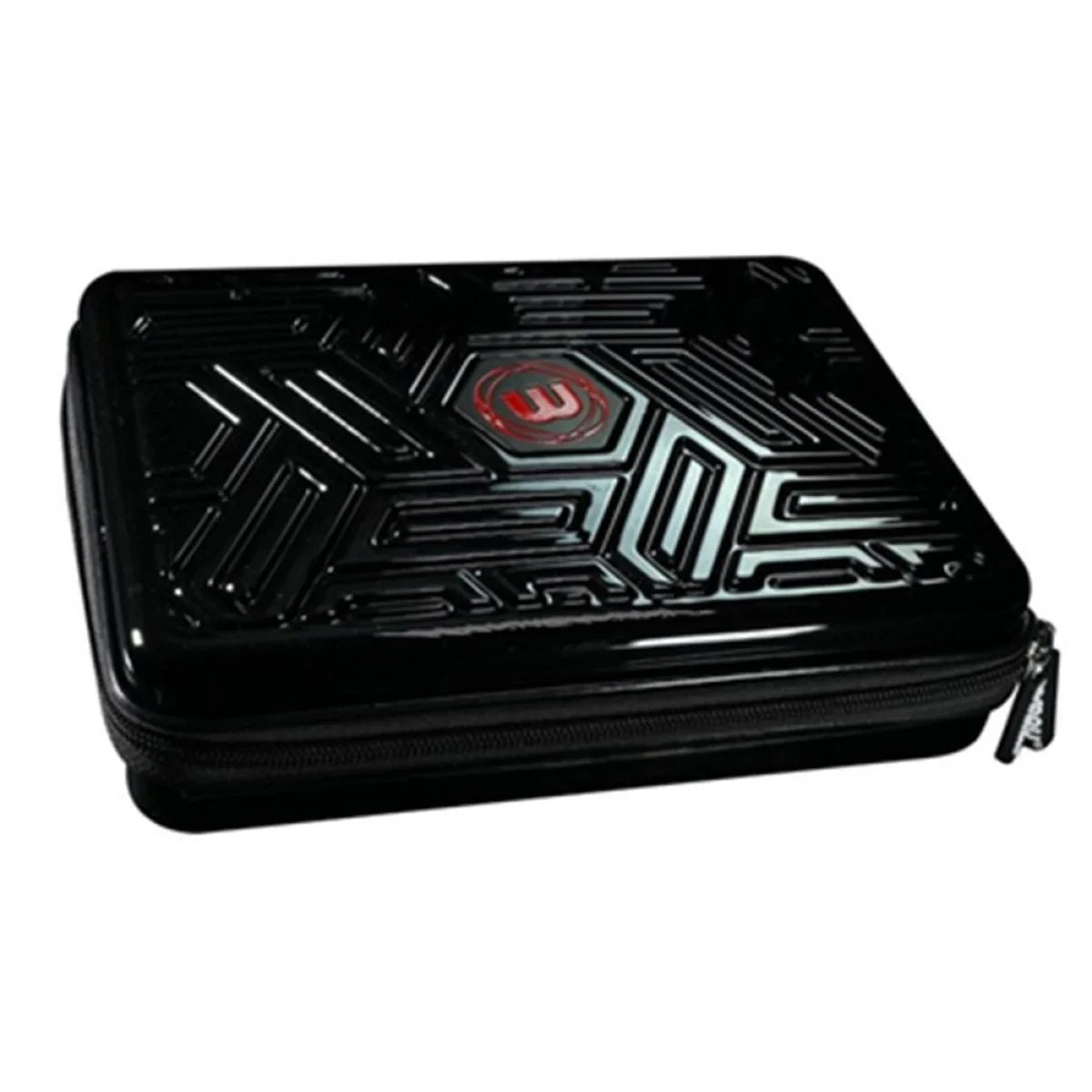 Black hard-shell dart case with geometric embossed design and zip closure