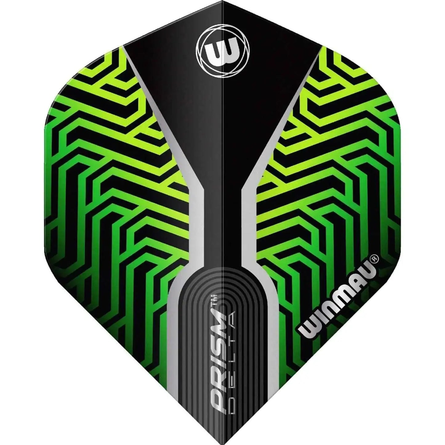 Winmau Prism Delta Dartflügel in Schwarz und Neon-Grün mit geometrischem Muster
