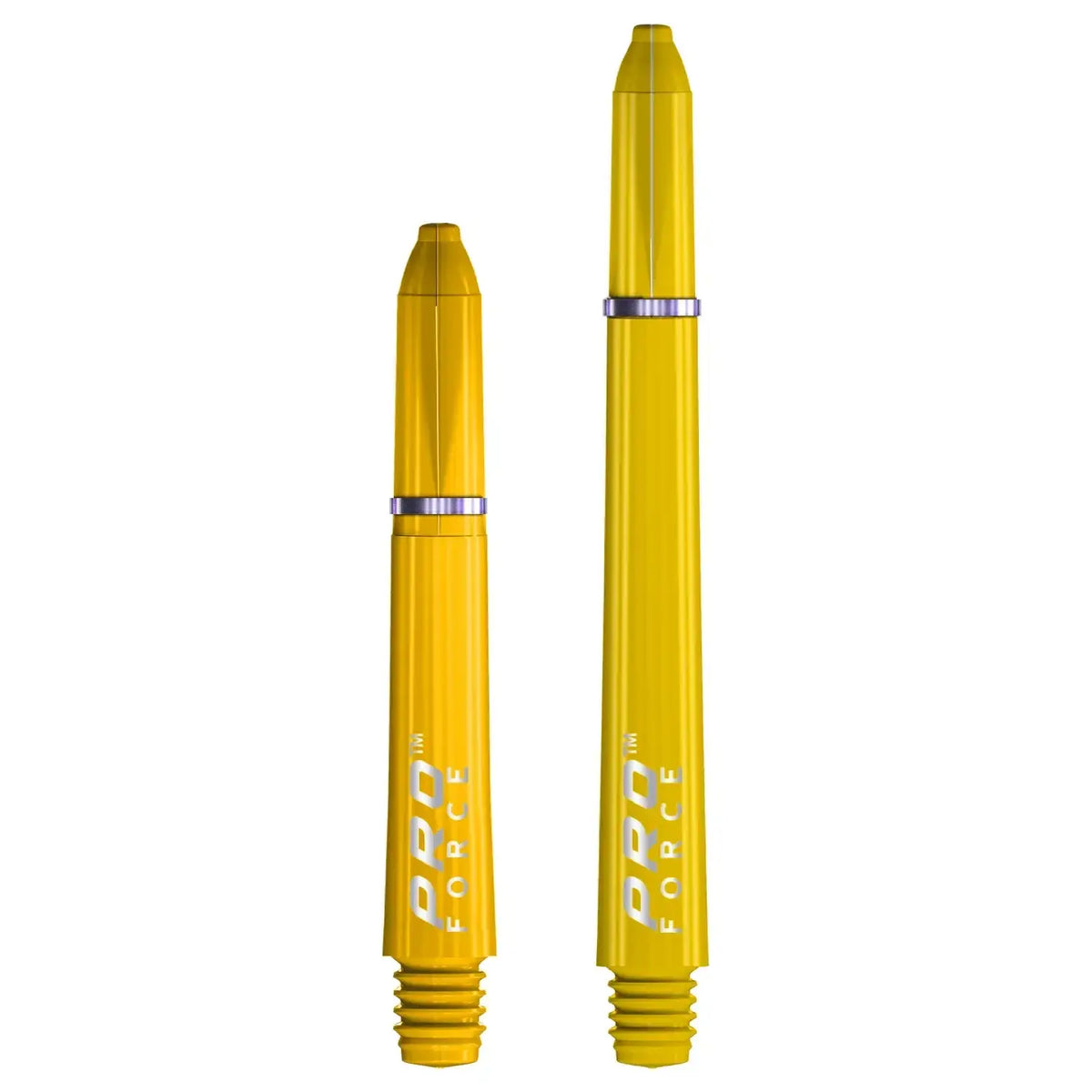 Gelbe Pro Force Dartshafts mit silberner Ringverzierung, ideal für Dartsportler