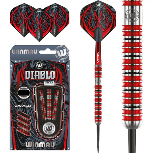 Winmau Diablo Vecta Darts mit 90% Wolfram, roten Flights und Prism-Griff, ideal für Dart-Spieler
