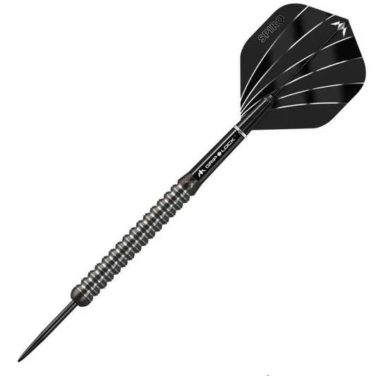 Schwarzer Dart mit Grip-Lock-Griff und Spiro-Flügeln für präzises Werfen
