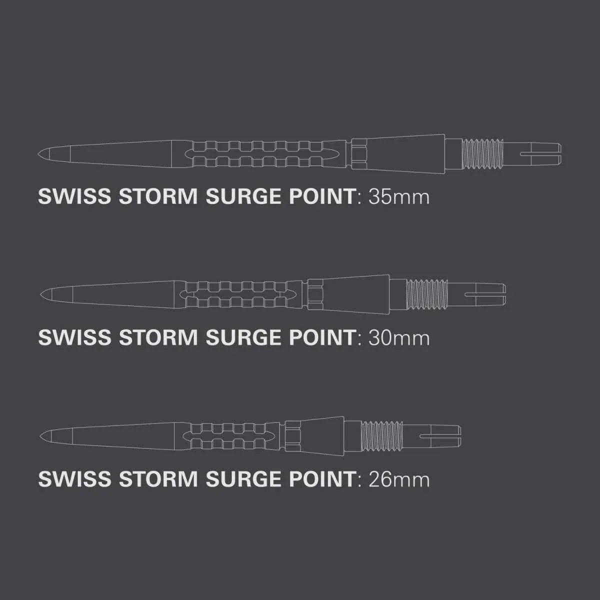 Three Swiss Storm Surge dart points in 35mm, 30mm, and 26mm sizes on dark background
