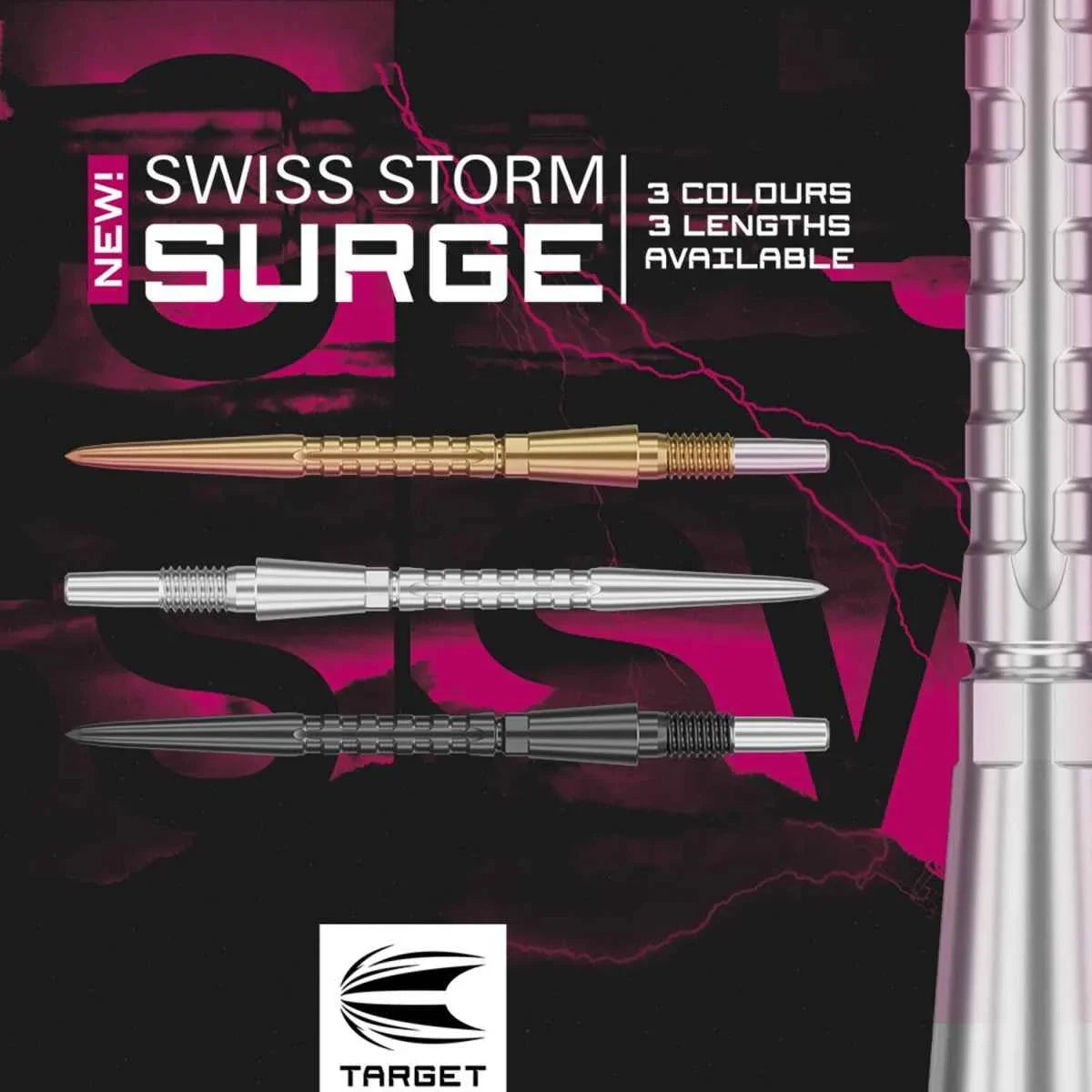 Swiss Storm Surge dart points in gold, silver, and black, three lengths shown on dark background