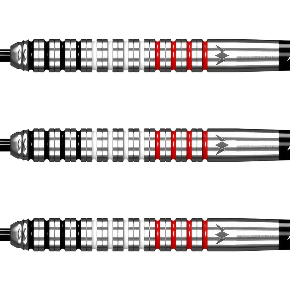 Three metallic dart barrels with black, silver, and red ringed grips, close-up view