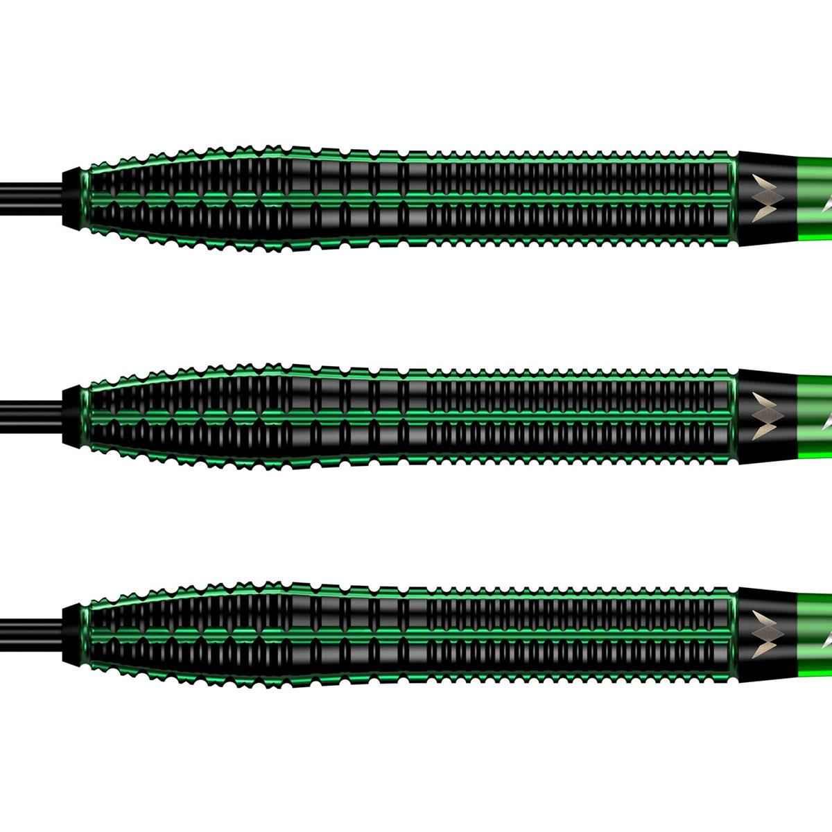 Set of three black and green steel-tip dart barrels with precision grip grooves