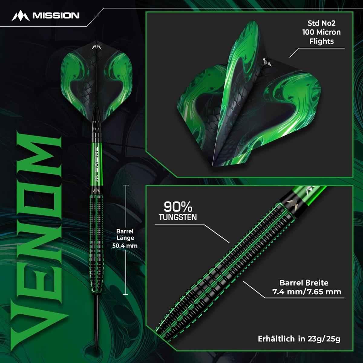 Mission Venom dart with green and black flights, 90% tungsten barrel, and detailed specs.