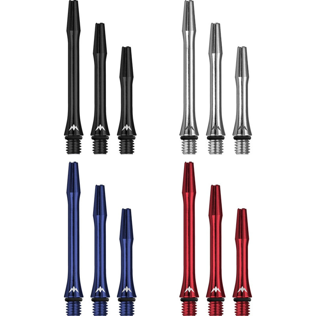 Set of colored aluminum dart shafts in black, silver, blue, and red on a white background