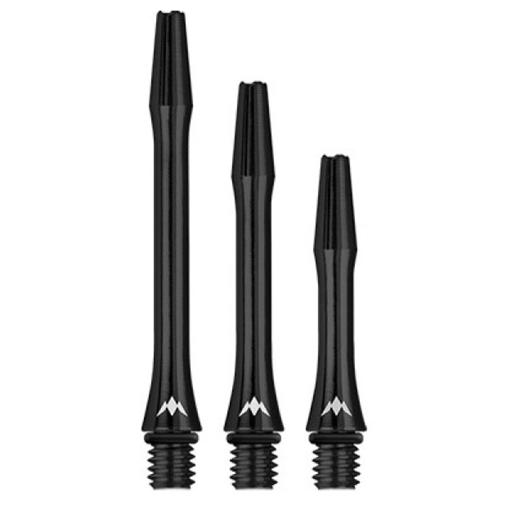 Three black aluminum dart shafts in varying lengths, threaded for darts.