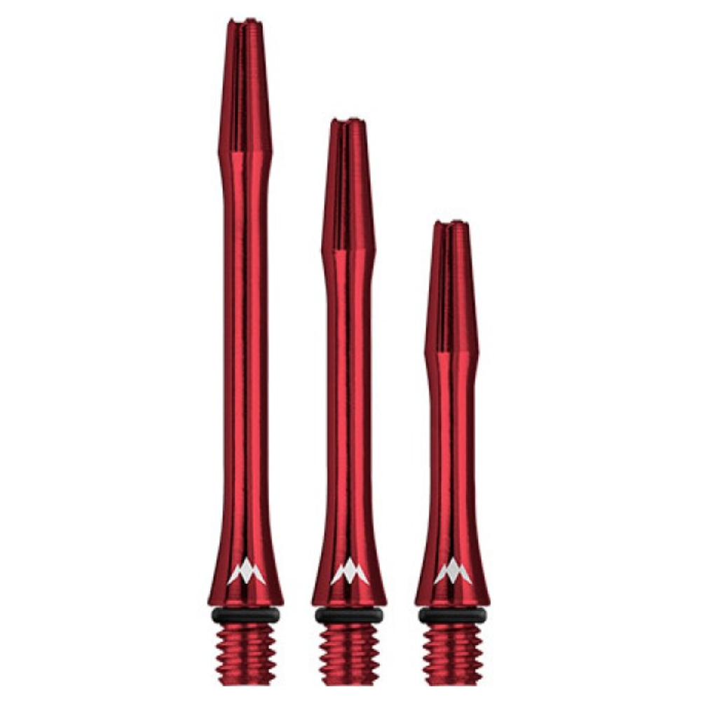 Set of three red aluminum dart shafts in different lengths, threaded for darts