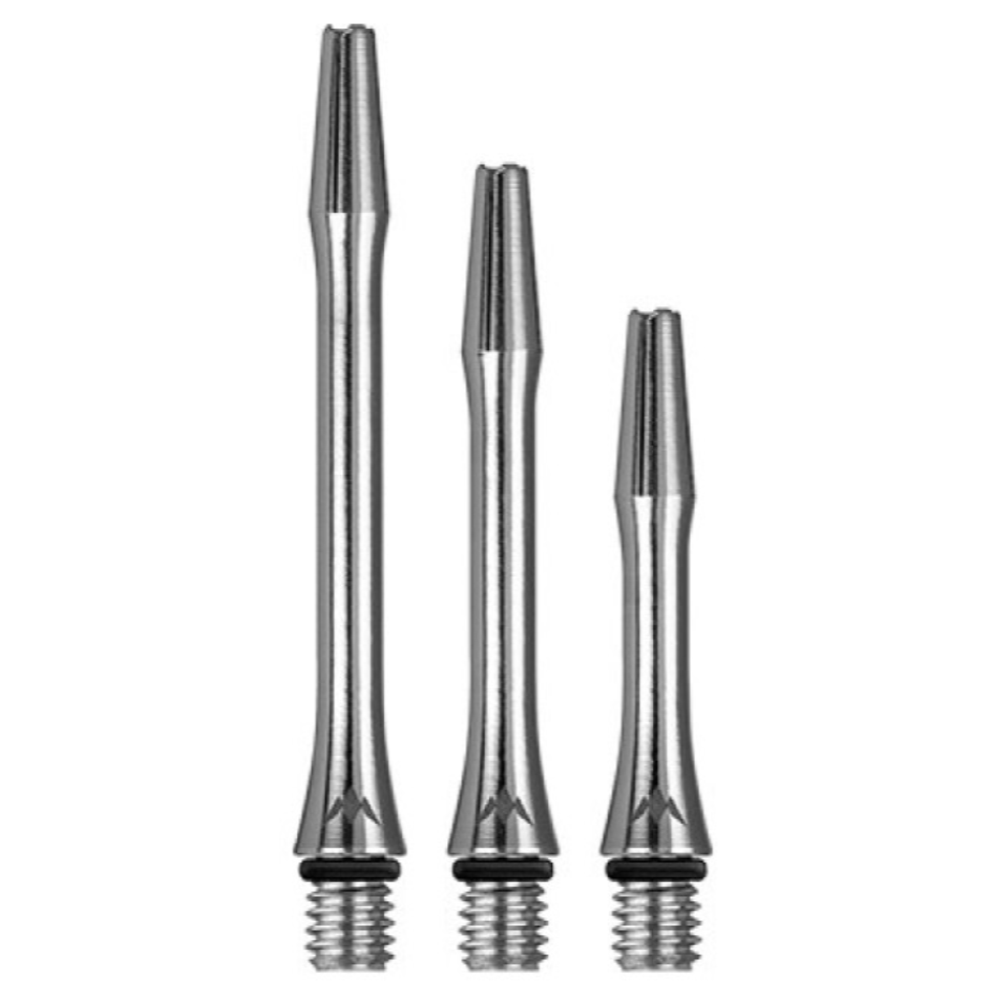 Three silver aluminum dart shafts with threaded ends, shown in varying lengths.