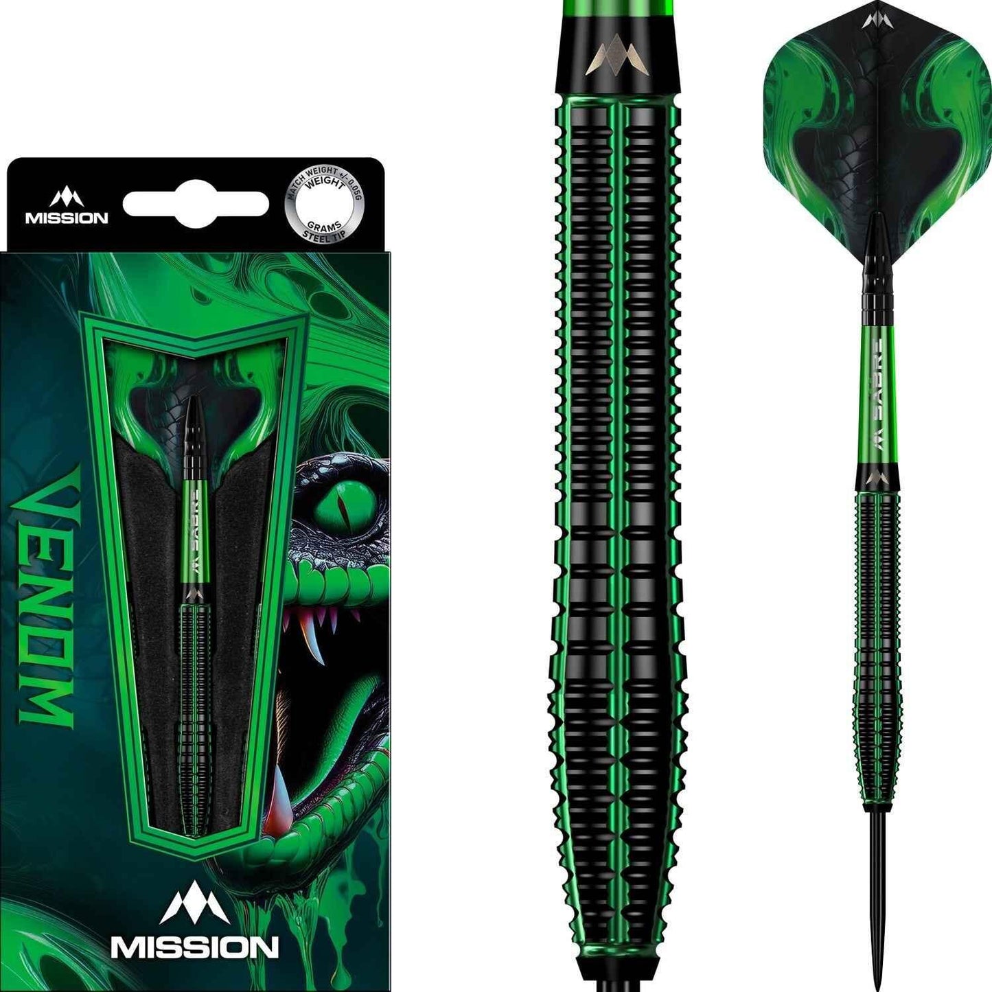 Green and black steel tip dart with textured barrel, dragon-themed packaging visible