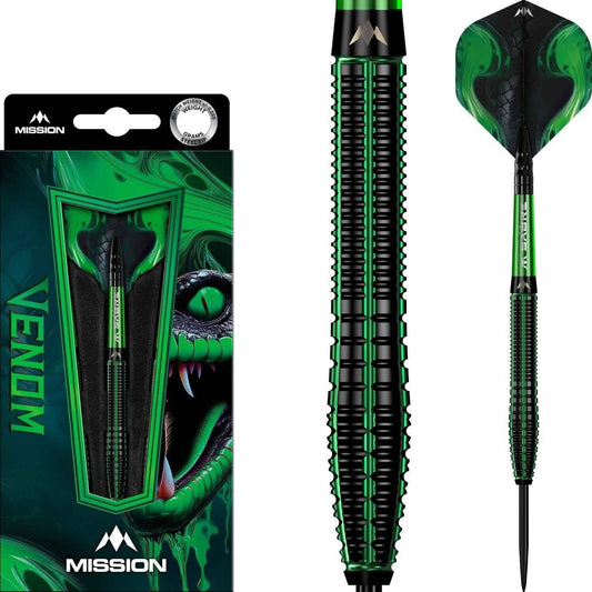 Green and black steel tip dart with textured barrel, dragon-themed packaging visible