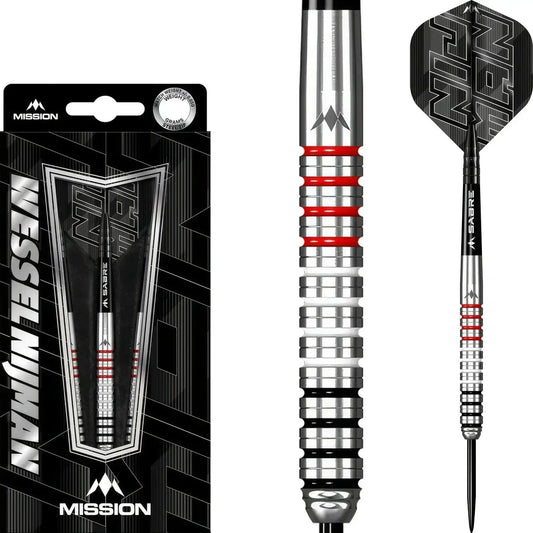 Mission Wessel Nijman steel tip dart set with black and silver design and red rings
