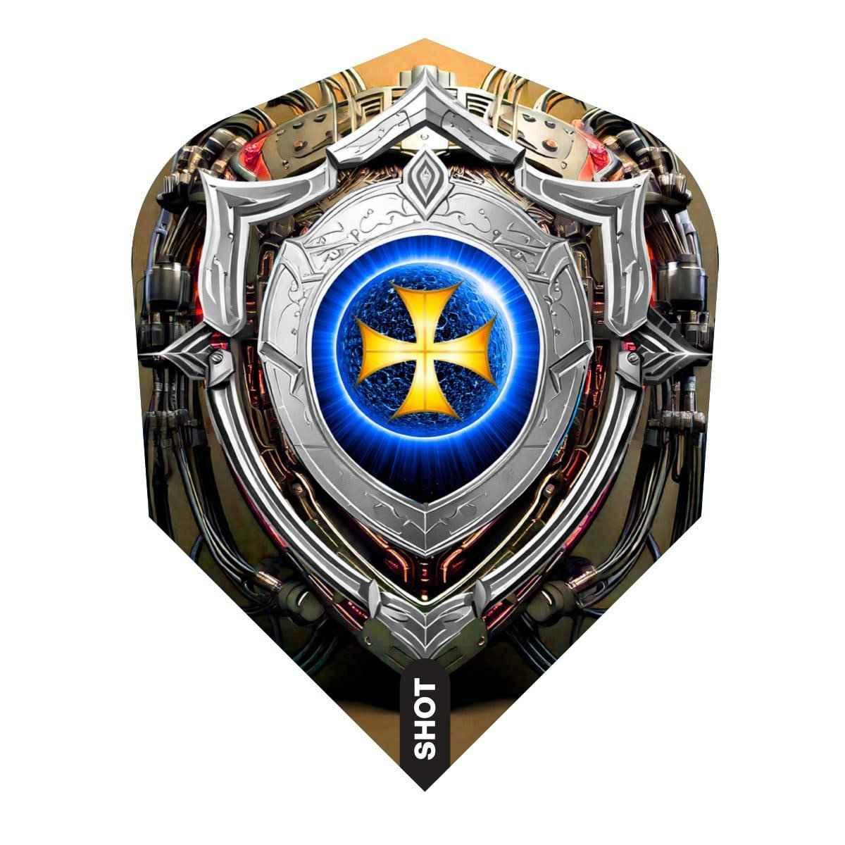 Futuristic dart flight with metallic shield design, blue and yellow cross emblem, and tech details.