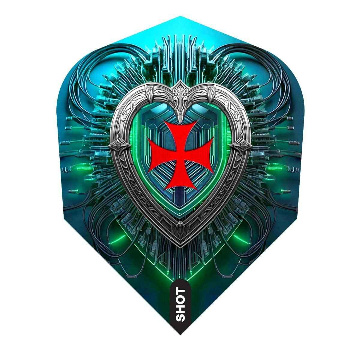 Futuristic dart flight with circuit design, silver heart frame, and red cross emblem