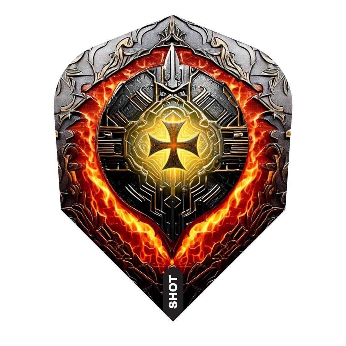 Dart flight with metallic cross design, fiery accents, and intricate detailing