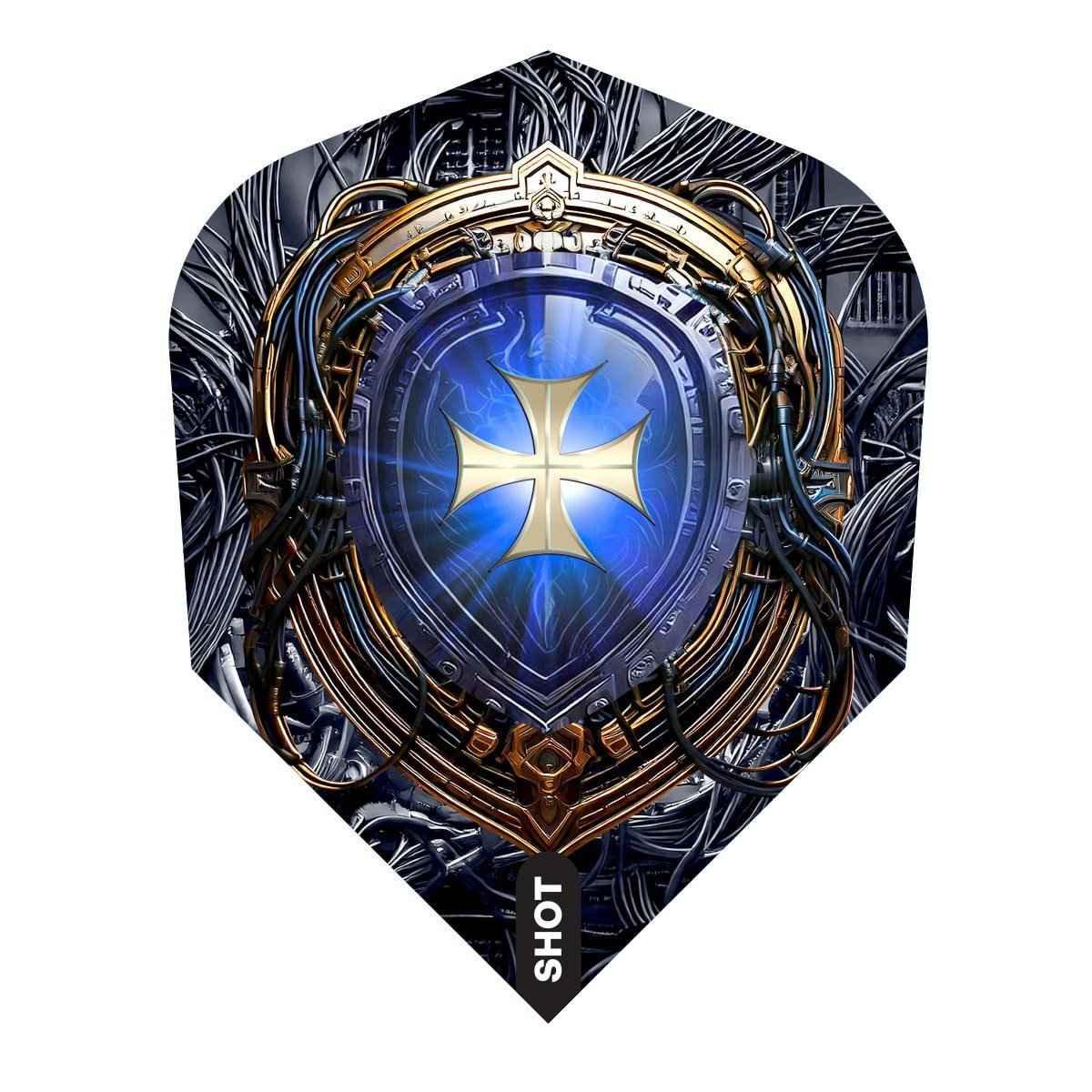 Futuristic dart flight with blue shield, gold cross, and intricate mechanical wiring design