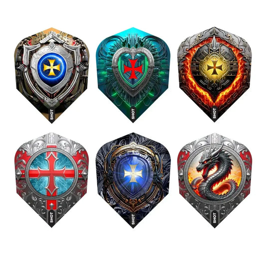 Dartflights mit Kreuz- und Drachenmotiven, ideal für Dartsportler – detailreiche Designs für Präzision und Stil