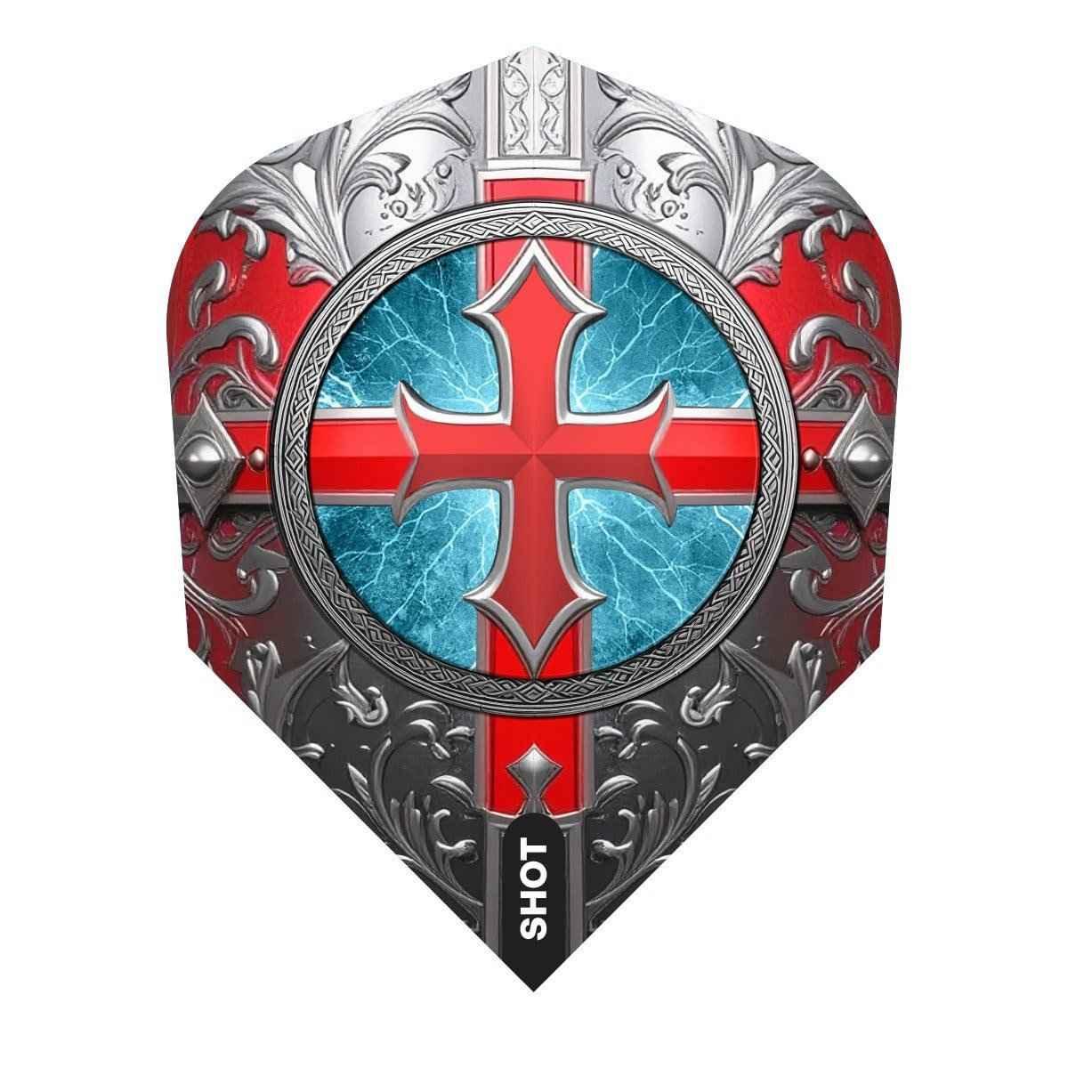 Dart flight with red medieval cross and intricate silver and blue detailing