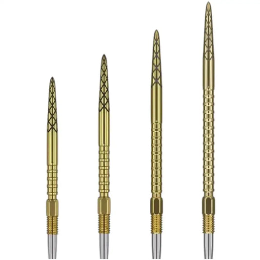 Vier goldene Target Swiss Point DS Dartspitzen in verschiedenen Längen