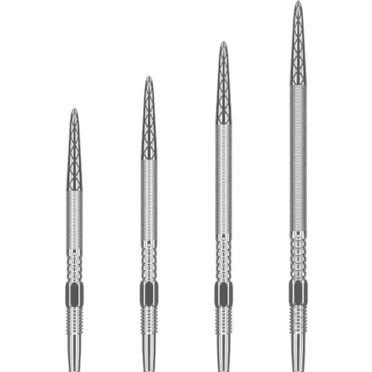 Vier Target Swiss Point DX Dartspitzen in Silber in verschiedenen Längen