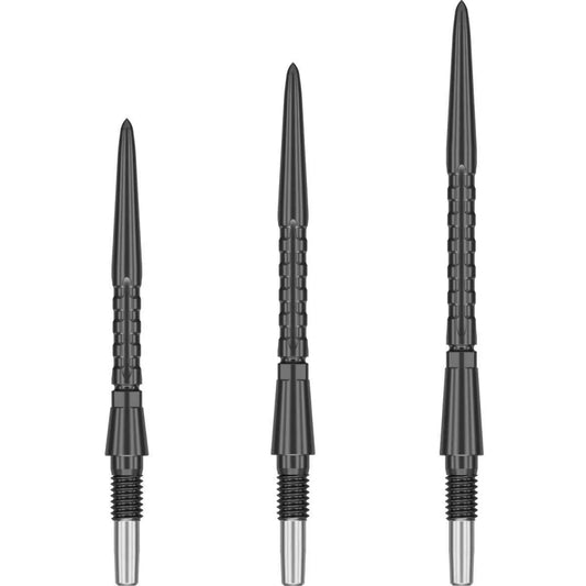 Three black Swiss Point dart tips with textured grip and threaded metal bases on white background.