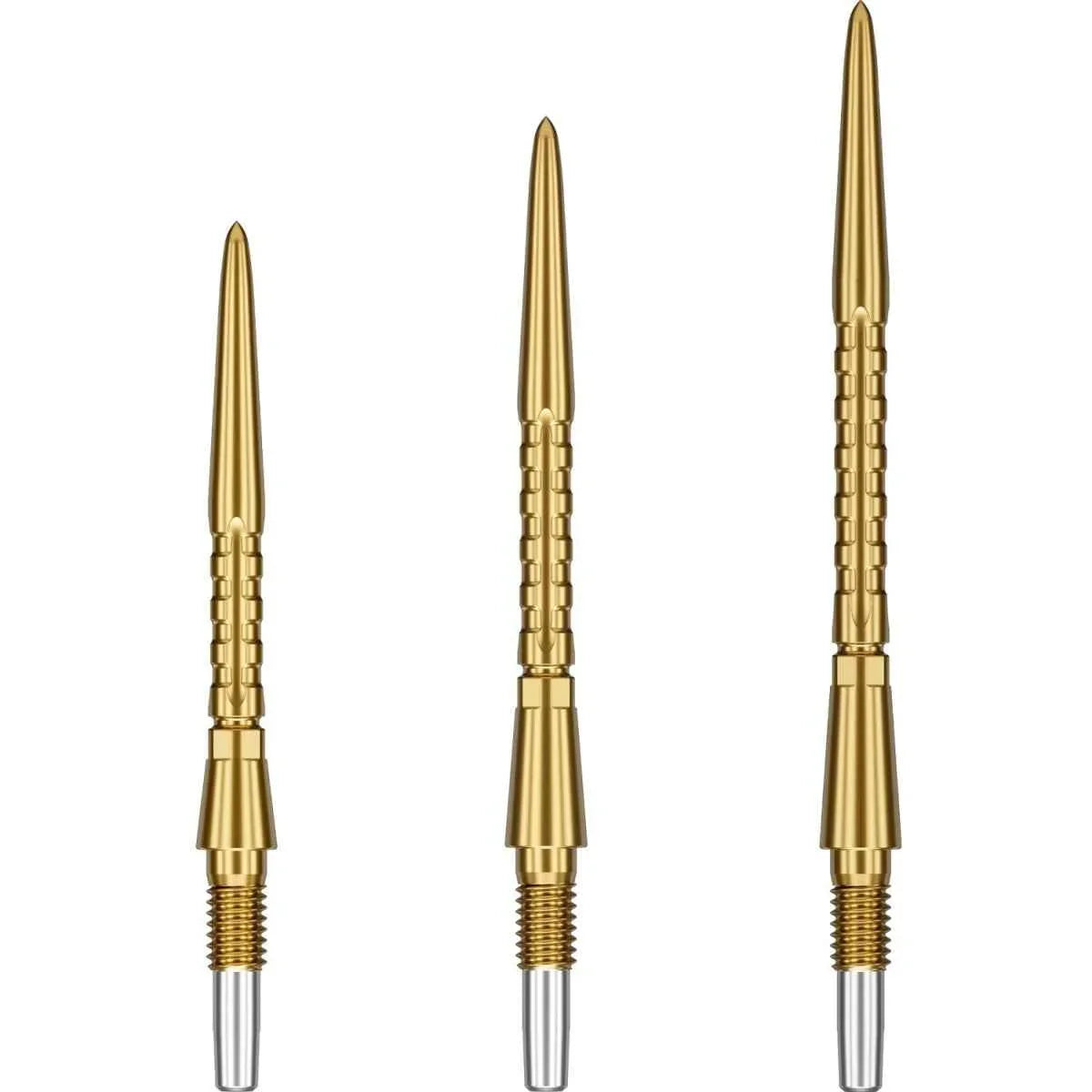 Three gold steel tip dart points with textured grip, arranged vertically on white background.