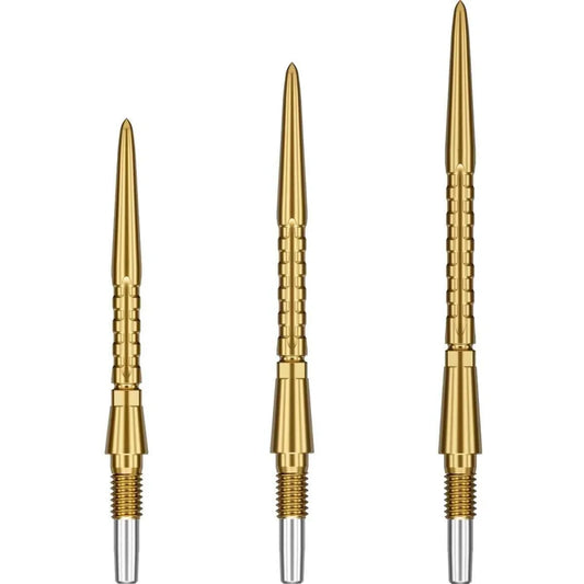 Three gold steel tip dart points with textured grip, arranged vertically on white background.