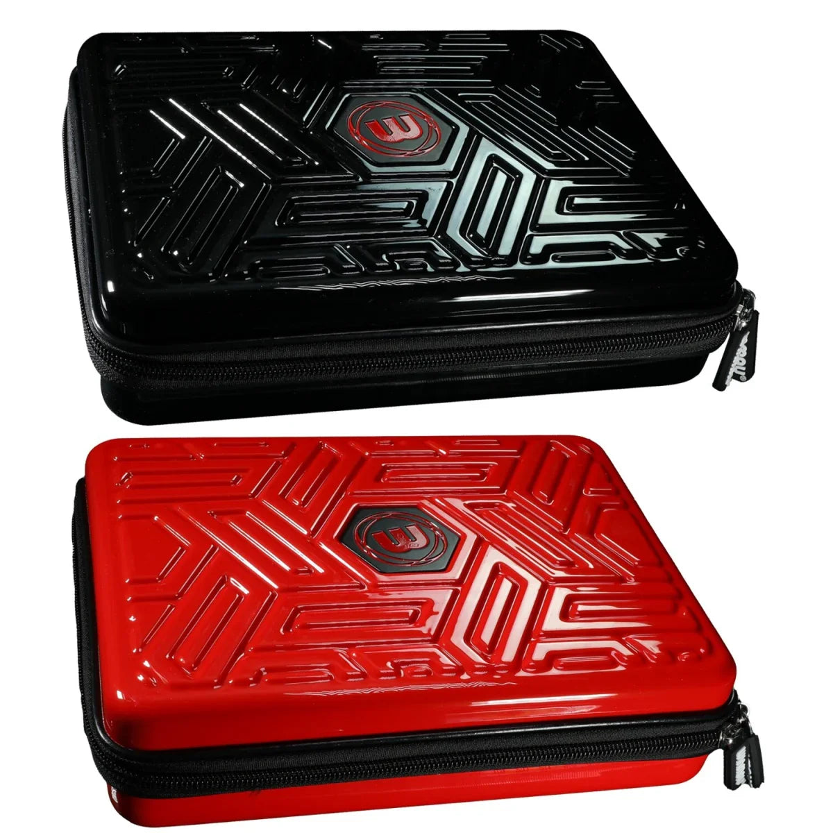 Two hard-shell dart cases, one black and one red, with textured geometric patterns and zip closures