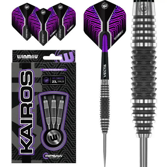 Winmau Kairos Darts mit lila Flights, 90% Wolfram, 23g, Ripsaw Grip – präzise Dartpfeile für Profis